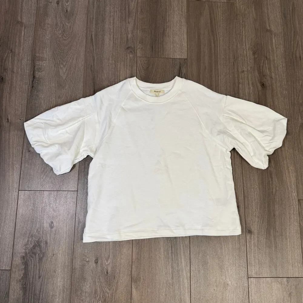Madewell Puff-Sleeve Sweatshirt Tee Womens S Cream Cotton-Blend Fleece Crew Neck